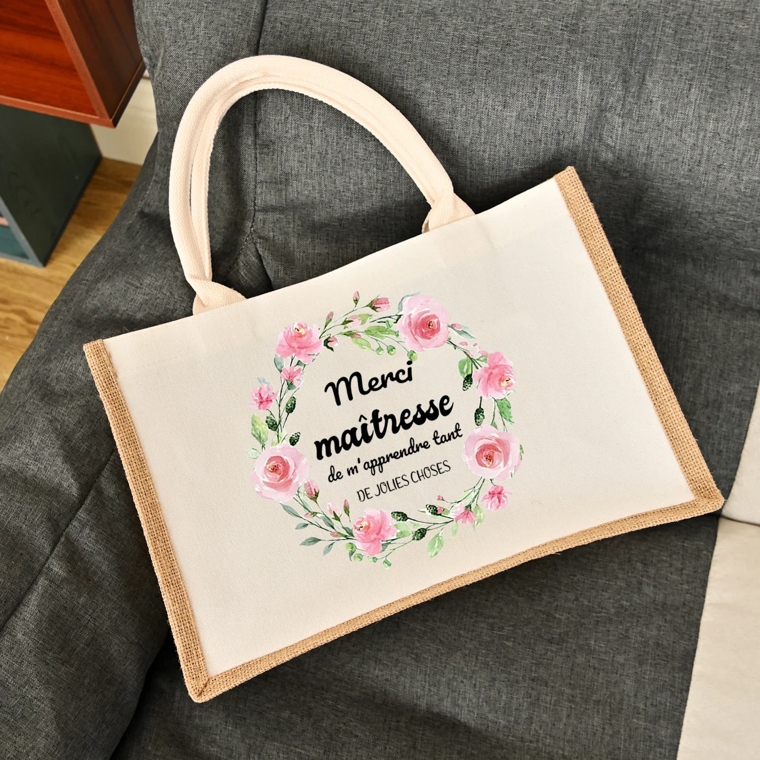 

French Thank You Mistress Wreath Women Canvas Shopping Shoulder Bag Merci Maîtresse Harajuku Bag Gift for Teacher Shoulder Bags