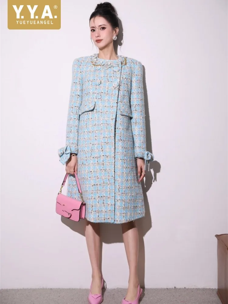 

Women O-Neck Top Quality Tweed Jacket Light Blue Plaid Coat Fashion Elegant Knee Length Overcoat Chain Pearls Autumn Party Coats