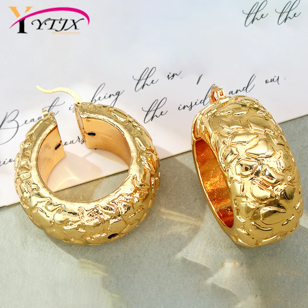 YTJX African Chunky Wide Hoop Earrings 18K Gold Plated Irregular Crackle Textured Huggie Earring Luxury Statement Women Jewelry