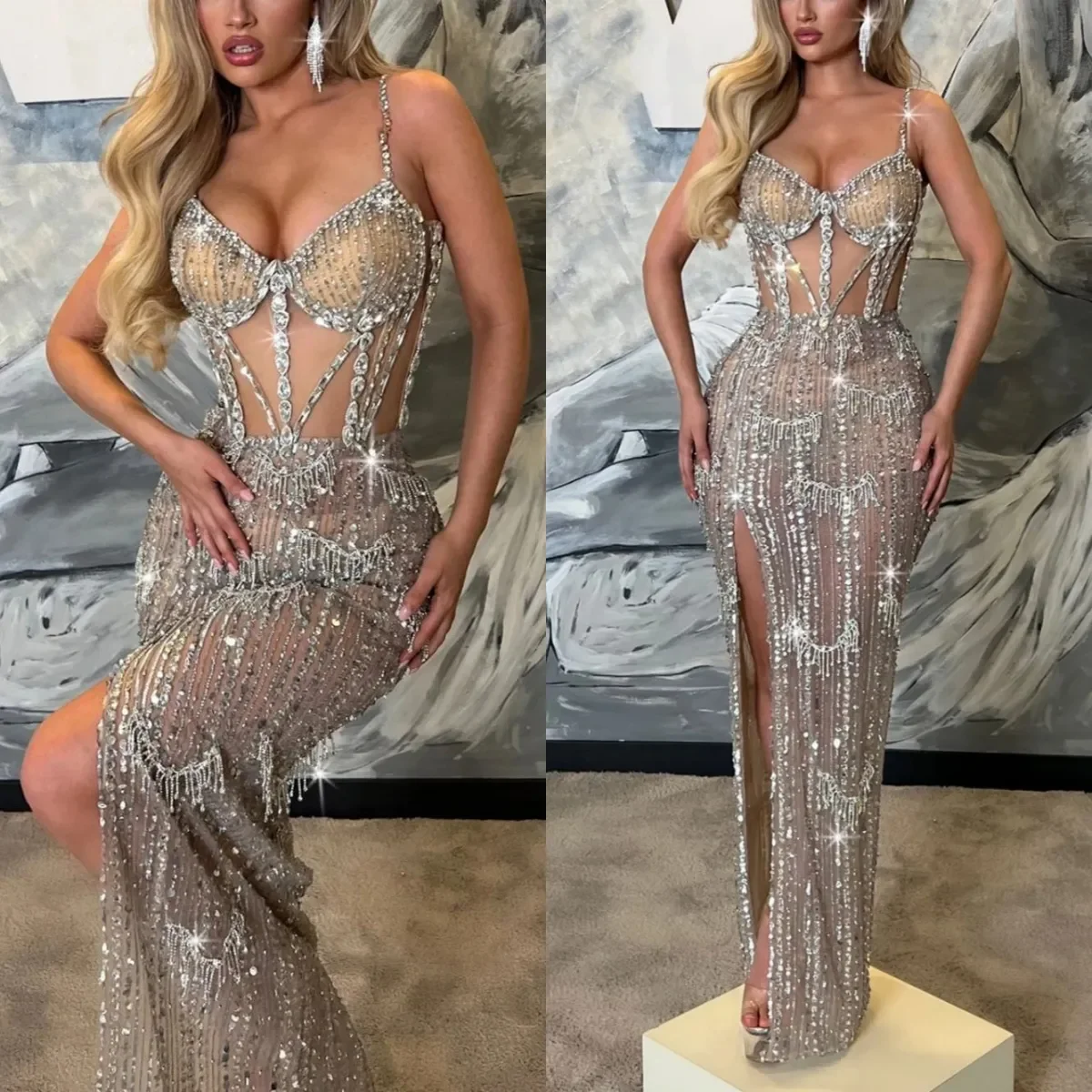 

Silver Straight Evening Dresses Party Beaded Tassel Celebrity Party Gown Sexy Side Slit Cut Out Customized