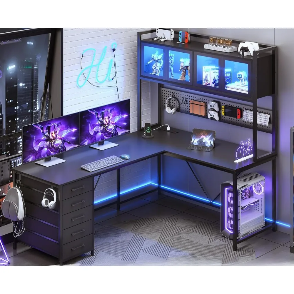 

Desk, L Shaped Gaming Desk with Drawers, L Shaped Computer Desk with Hutch and Storage Shelves, Desk with Pegboard, Led Lights