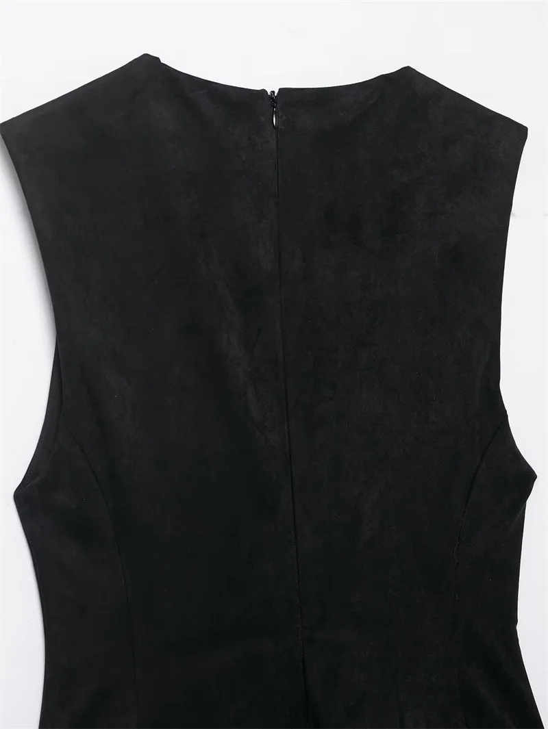 Vestido feminino 2025 outono novo estilo preto sem mangas camurça textura em camadas mini vestido exclusivo moda socialite