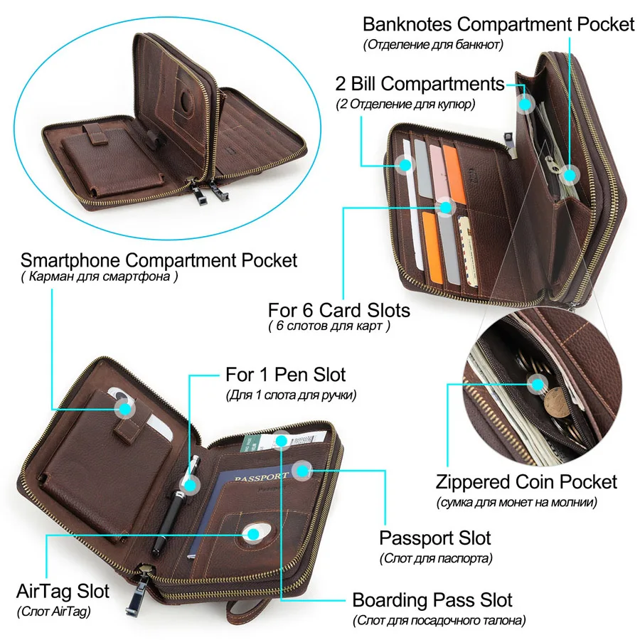 ماجيك تيل جلد طبيعي حقيبة صغيرة الرجال المحفظة مع Airtag حالة خمر سستة محافظ حامل بطاقة الذكور محفظة سعة كبيرة #3