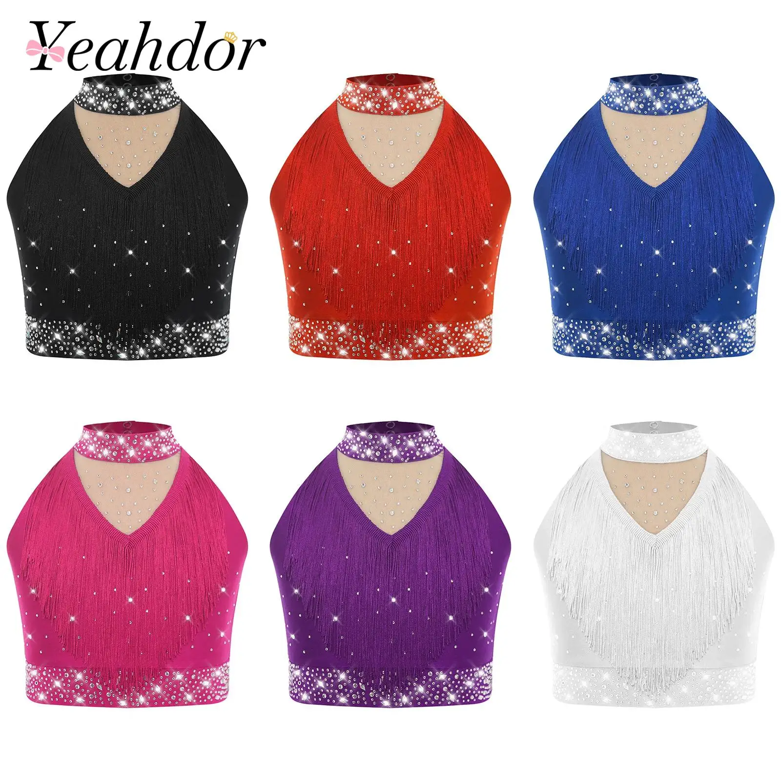 

Girls Tops Tassel Sparkly Modern Latin Dance Tank Tops Sleeveless Fringed Vest Kid Crop Tanks Stag Performance Costume Dancewear