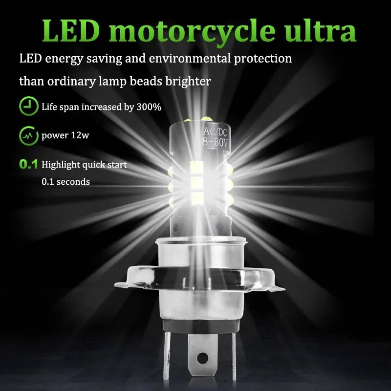 1Pc Lemon Green 3030 15LED Motorcycle Headlight Foglight 12-80V H4/H6 BA20D/P15D 3030LED High/Low Beam Motorcycle Bulb