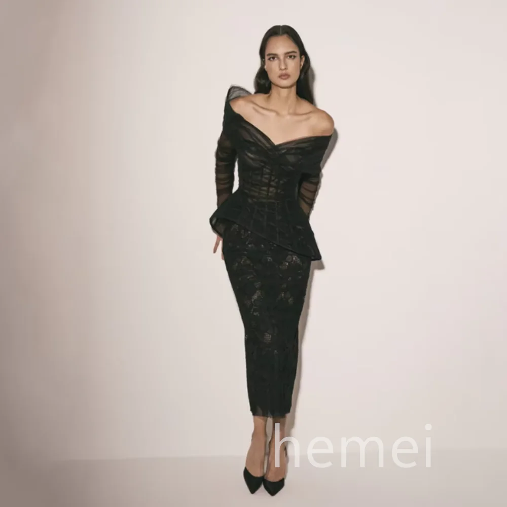 

Кружевное сексуальное вечернее платье по индивидуальному заказу с V-образным вырезом, черные платья для выпускного вечера длиной до середины икры, вечернее платье с длинным рукавом فساتين سهرة