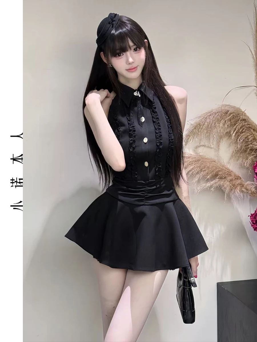 

Shoulder Bared Dress with Shirt Collar Design Slimming Short Skirt Floral Detailing Spring Fashion Women's High Waist Un...
