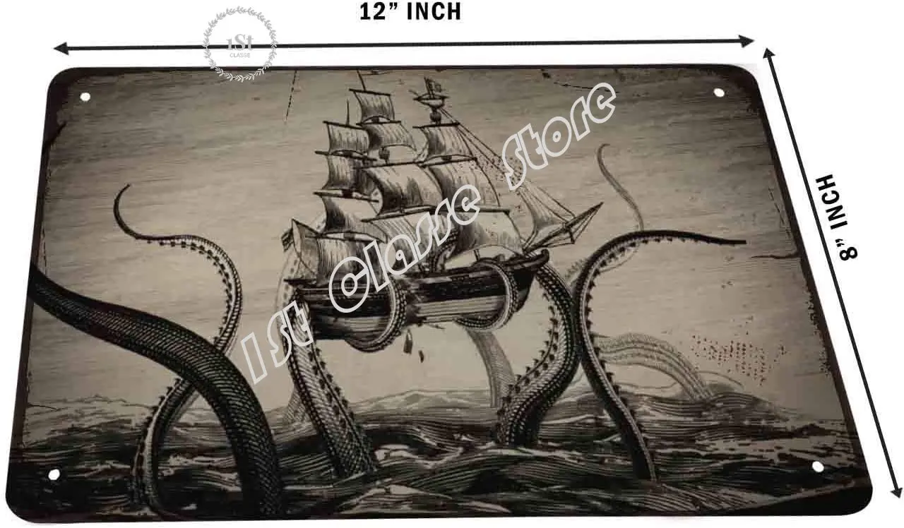 The Legend of The Kraken Tin SignOctopus Kraken with Sailboat on The Sea Ocean Vintage Metal Tin Signs for  Wall Art Deco