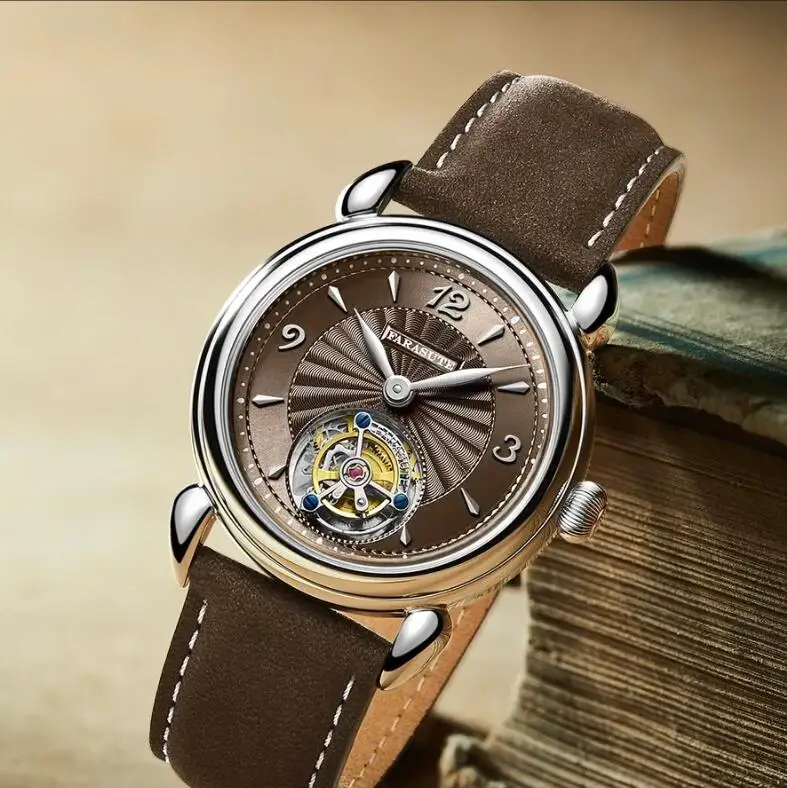 ساعة FARASUTE للرجال توربيون 37 ملم ساعة يد ميكانيكية عتيقة رفيعة للغاية ومرآة من الياقوت بمينا أشعة الشمس