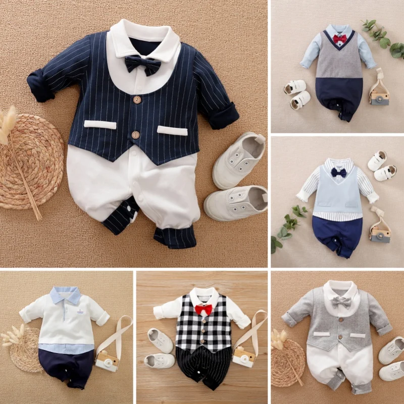 Barboteuse en coton à manches longues pour bébé garçon de 0 à 12 mois, vêtement style preppy imbibé pour nouveau-né