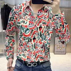 Lettera stampata da uomo 2024 primavera e autunno nuovi bottoni con colletto quadrato Patchwork camicie a maniche lunghe Casual e comode Slim