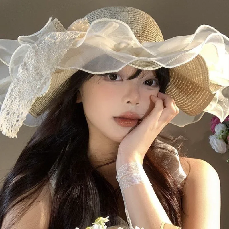 새로운 프랑스어 레이스 보우 밀짚 모자 여성 여름 바이저 태양 모자 해변 해변 휴가 태양 모자 Sombrero Playa Mujer