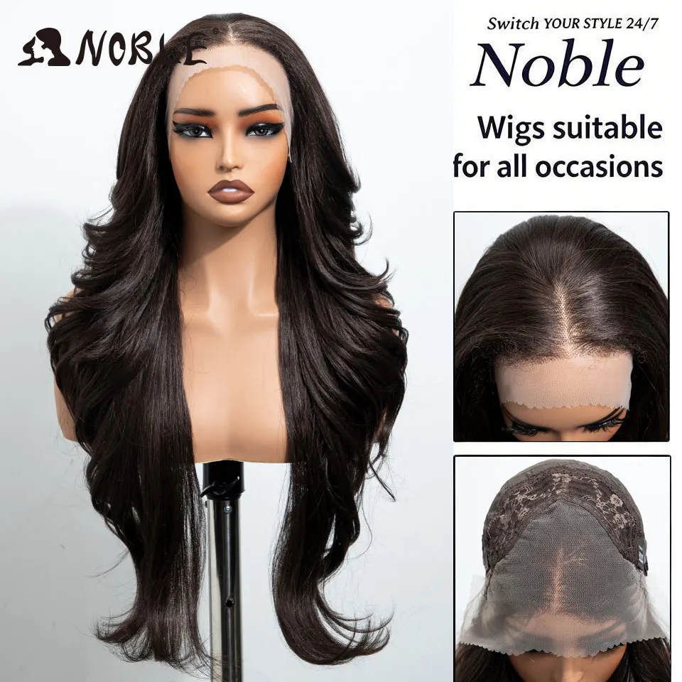 Noble 28 Zoll Synthetische Lace-Front-Perücken für schwarze Frauen, 13x4, vorgezupft, geschichtet, Ombre Braun-Blond mit Highlights, Perücken für den täglichen Gebrauch – Detail 8