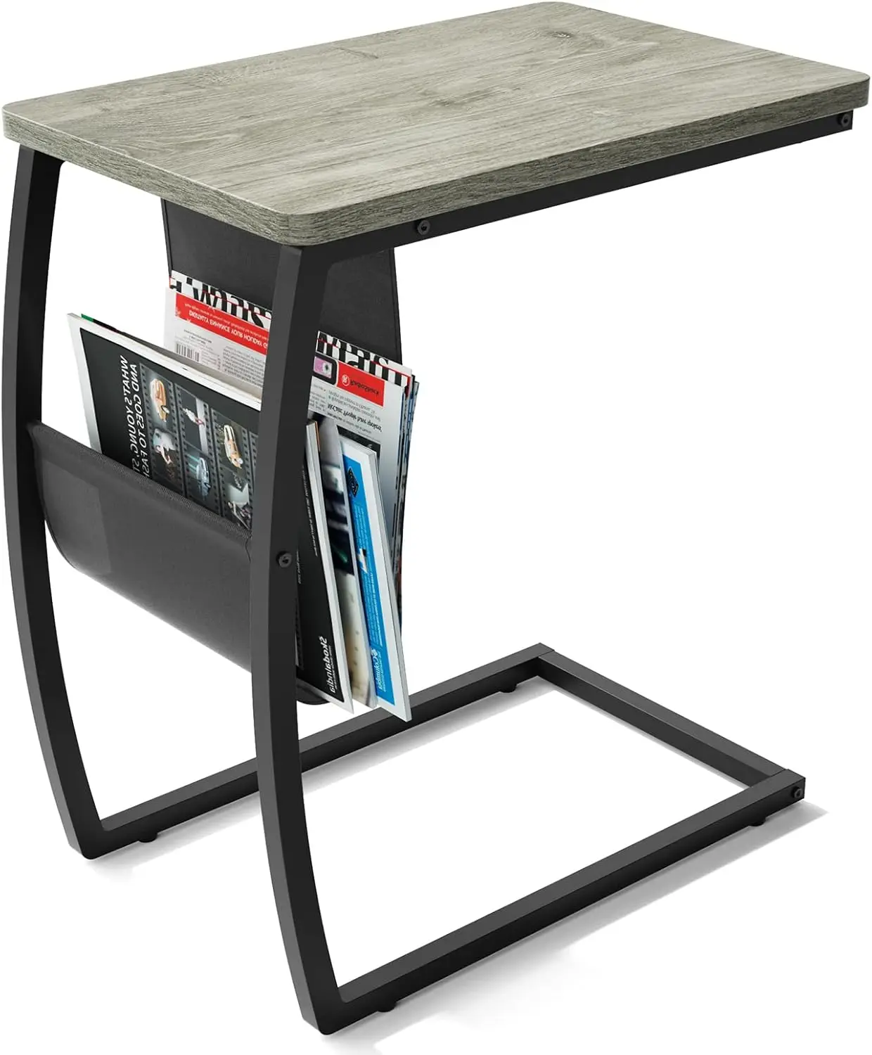 

Side End Tables Living Room, Vintage C-Shaped Laptop Table for Couch, Snack Table with Side Pocket, Light Grey