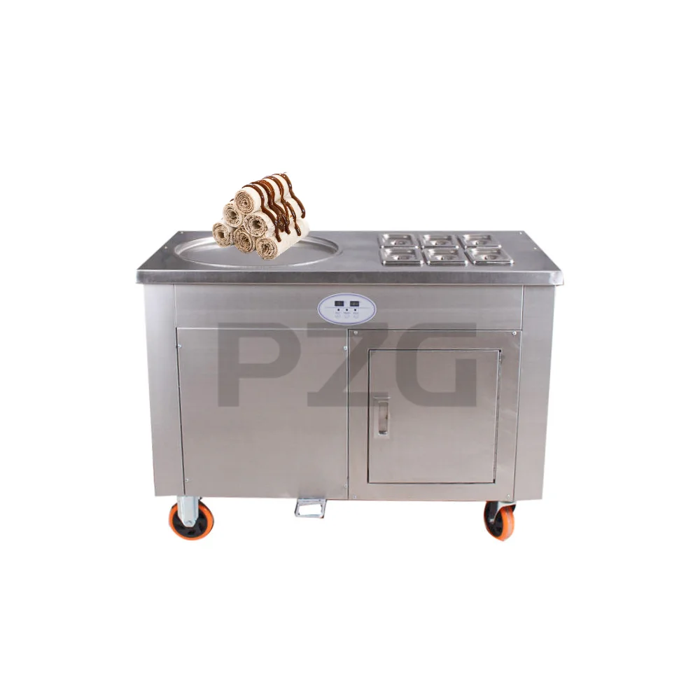 Single Pan Fried Ice Cream Making Machine With Fridge Fry Ice Cream Roll Machine With 6 Topping Buckets