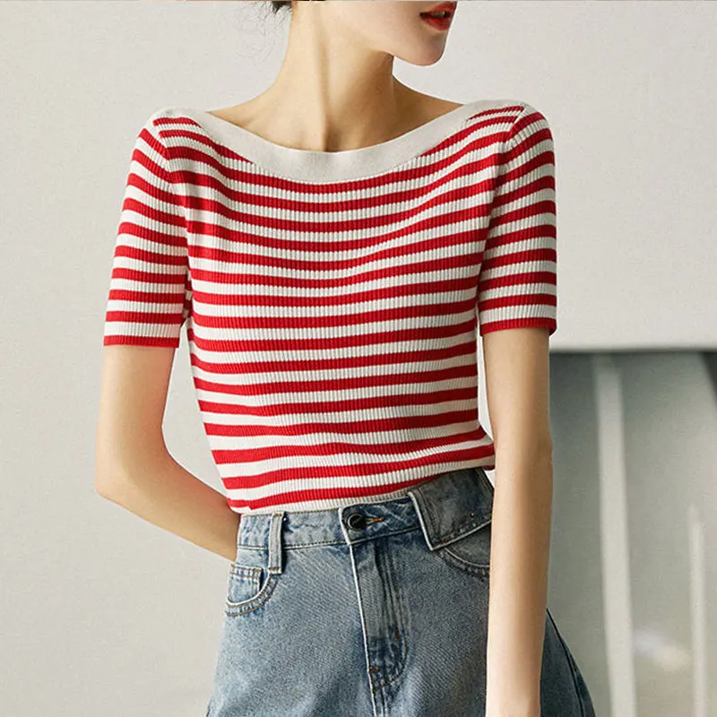 Basic Striped Patchwork T-shirt Casual Slash Neck Slim Summer Thin Knitted Short Sleeve Female Fashion Screw Thread Pullovers