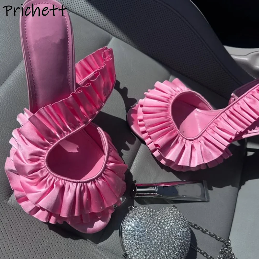 Sweet Pink Pleated Satin Sandals Ruffles Peep Toe Slingback Dress Surround Lace Shoes Women's Summer Sexy Stiletto Shoes 2025