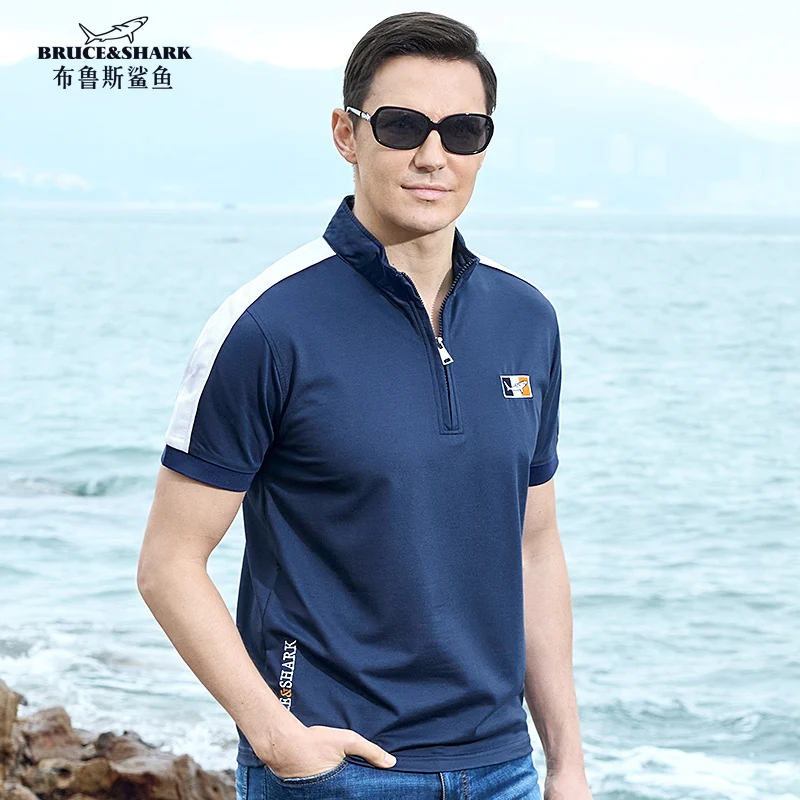 New Summer Straight Men's Short Polo Bruce&Shark Fashion Stand-up Collar Mercerized cotton T-shirt Casual Loose Breathable Big