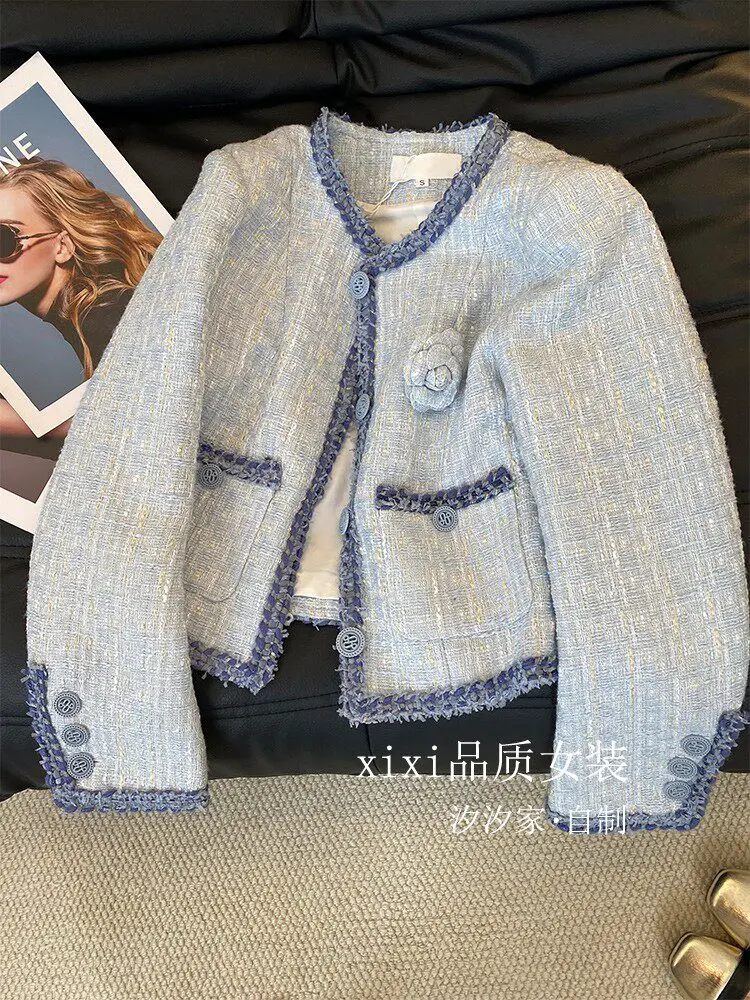 New Light blue floral coat with fashionable temperament, delicately woven tweed short top