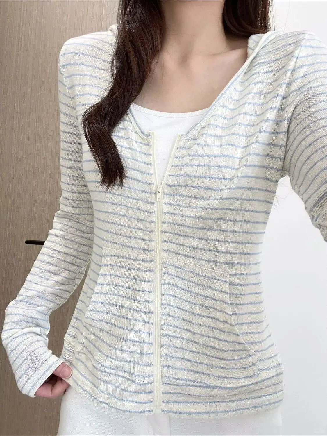 Striped Long Sleeve Hooded Cardigan Women Autumn New Slim Thin Zipper Tops Korean Simple Sheer Casual T-shirts