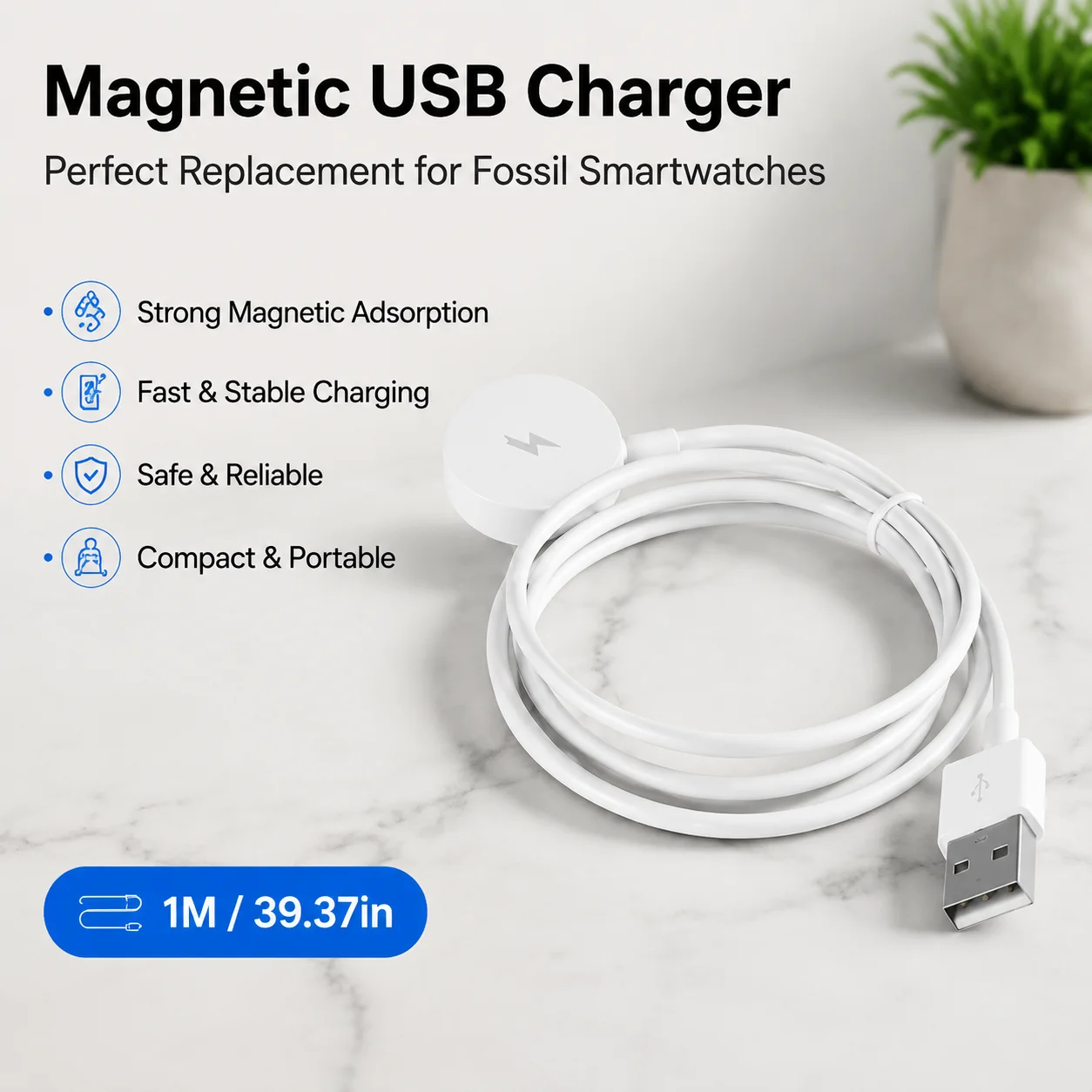 Magnetic charging cable suitable for Fossil 1 2 3 generation watch USB convenient charging cable base