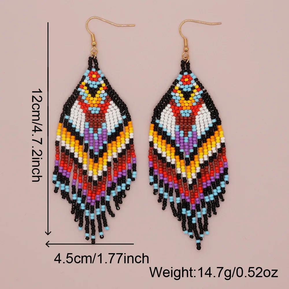 

Beaded earrings Tassel Originality Hand knitting Design Bohemia Rainbow Gradient Tide Simple Alloy Rice bead earrings