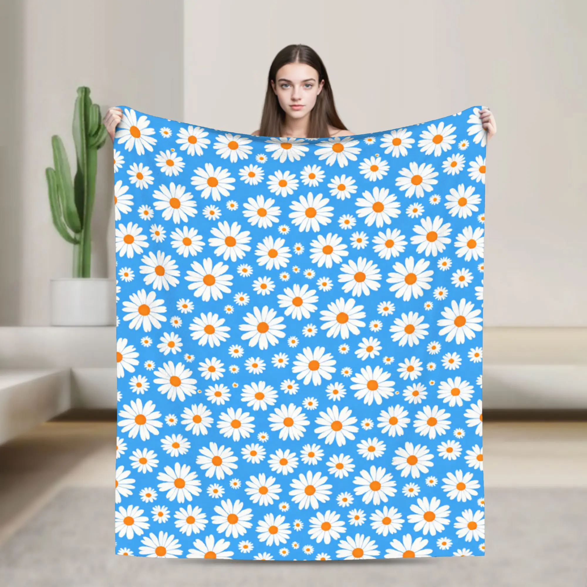 Blue Background Daisy Seamless Pattern Soft Blanket For Living Room  Trend Throw Blanket Winter Travel Car Flannel Bedspread
