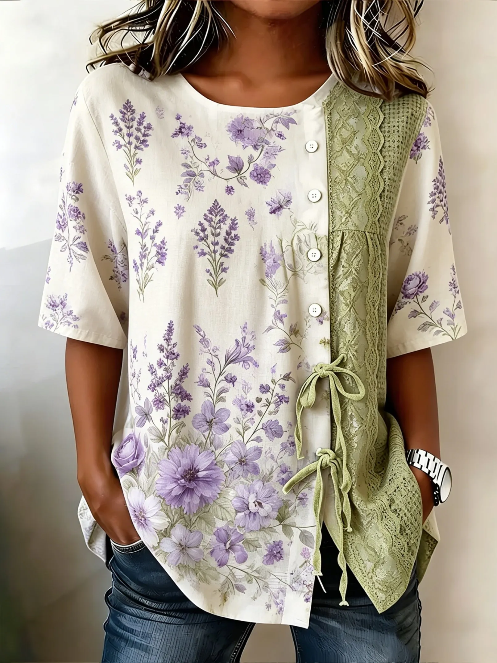

Women's Lavender Floral & Lace Panel Print Button & Tie Front Blouse, Casual Stylish Top for Spring Summer Daily Wear