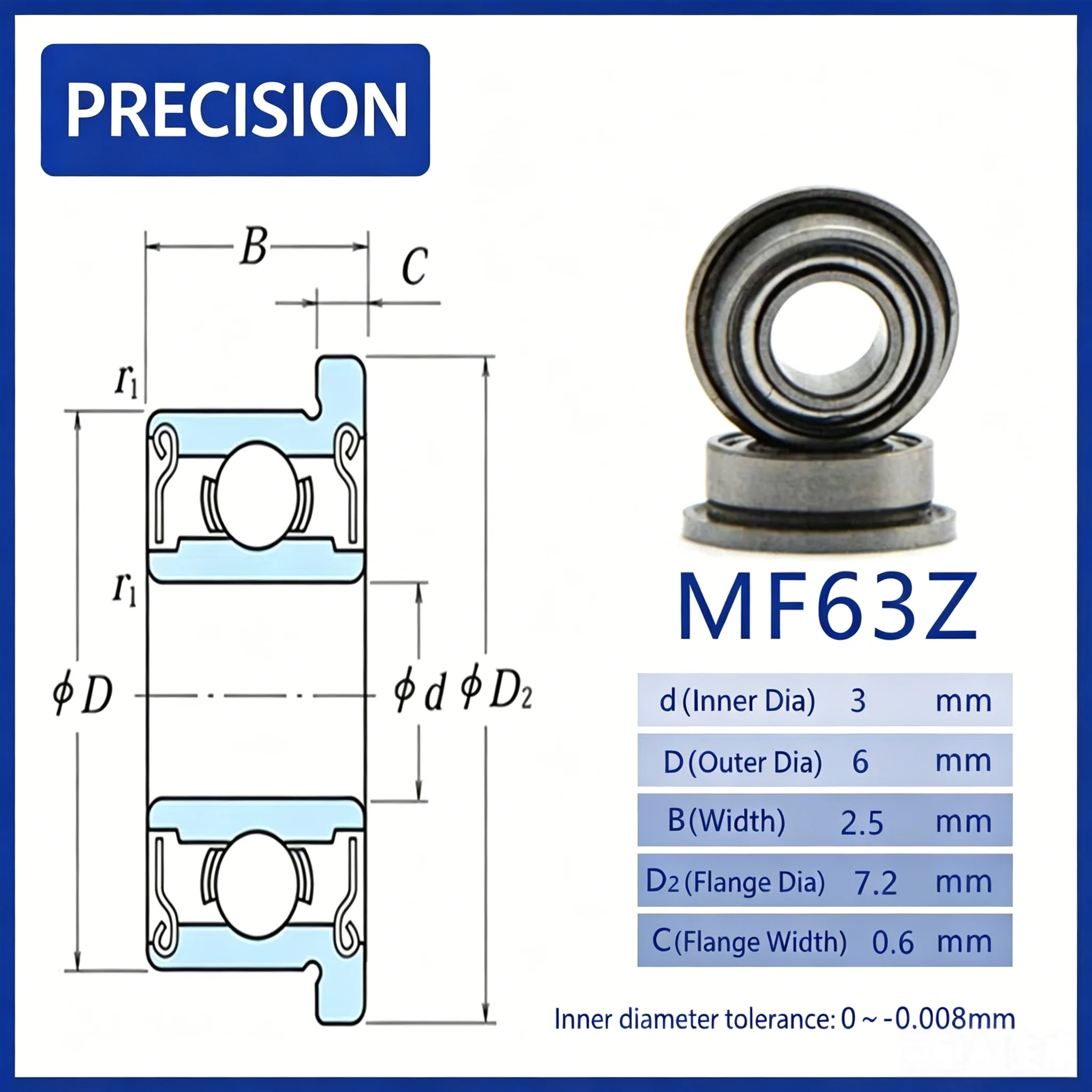 Miniature flange bearing, model F681X MF52 62 63 73 96 74 83 84 85 93 95 104 105 115 126 128 148 Z.micron order