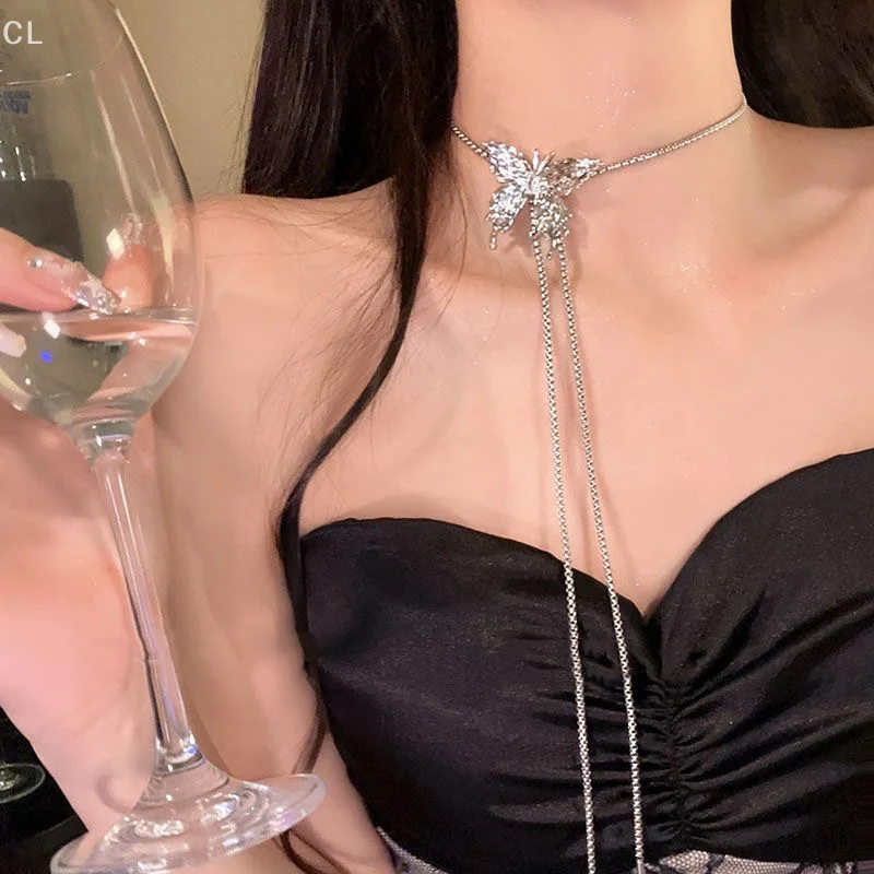 Long Tassel Butterfly Necklace Composed of Titanium Steel; Clavicle Length Chain; Reimagining Luxurious Women's Body Jewelry.