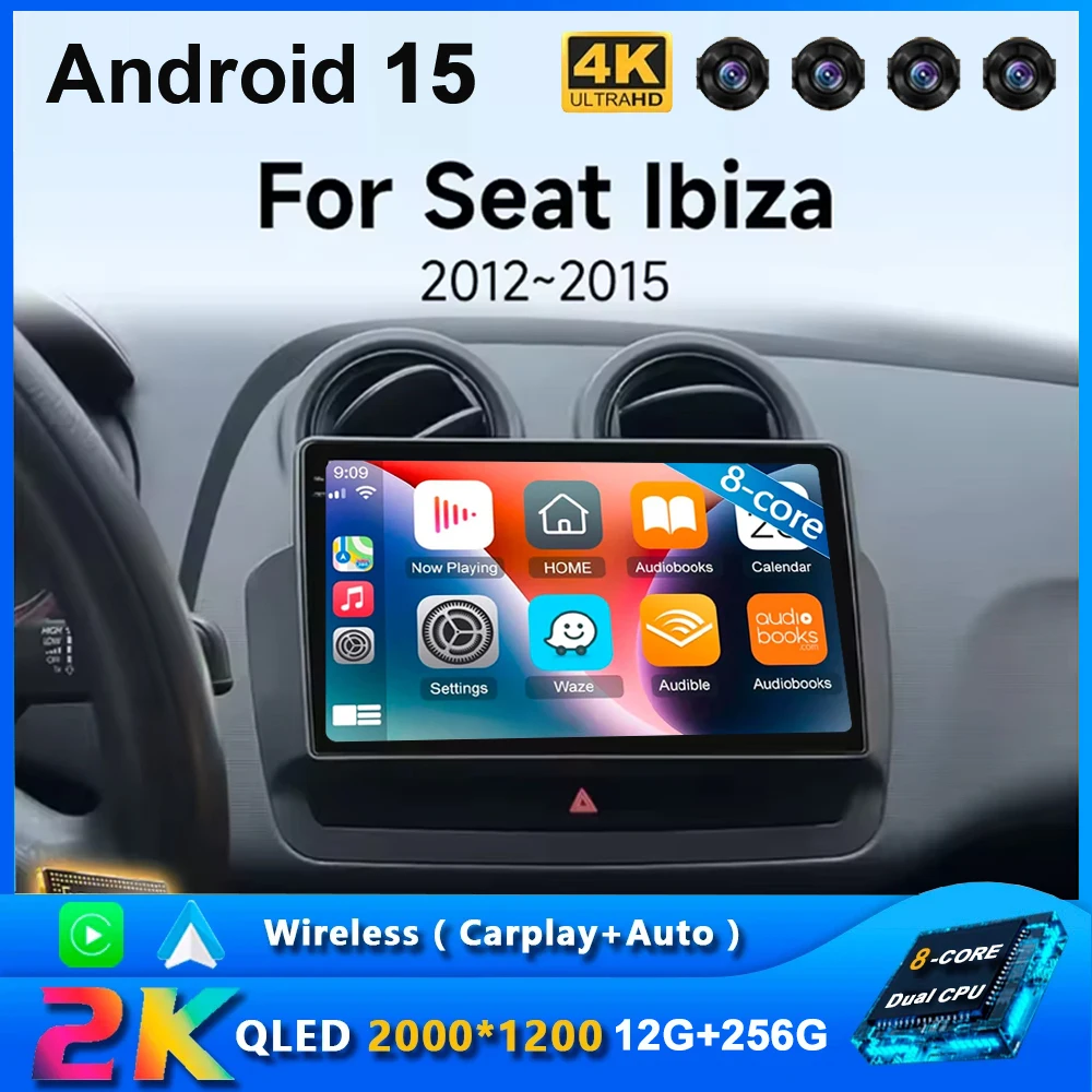 Radio para Auto para Seat Ibiza 2012-2015, Reproductor Multimedia QLED Android 15, GPS, 4G, WIFI, CarPlay, Estéreo Inalámbrico para Auto, No 2Din