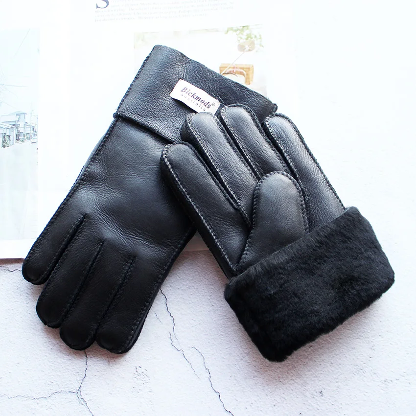 Winter Warm Sheepskin Fur Gloves Men\'s Thickened Windproof and Cold-Proof Outdoor Riding Sheep Leather Wool Finger Gloves