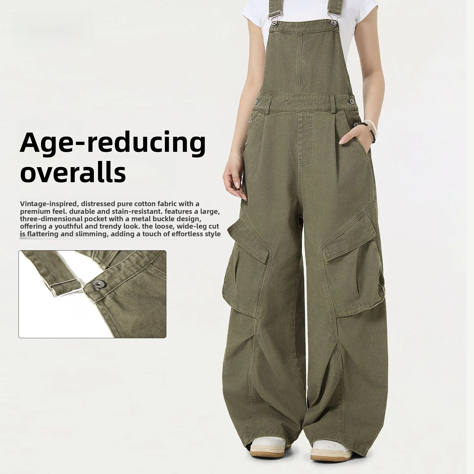 

OREETA American Retro Workwear Overalls Loose Wide Leg Pants with Big kets ex Vintage Sle Cotton Casual Trousers