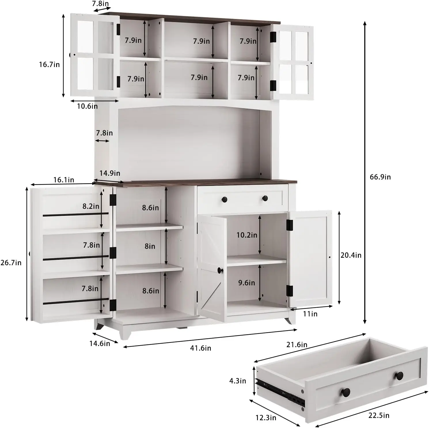 Kitchen Pantry Storage Cabinet with Charging Station Freestanding Cupboard Glass Doors Drawer and Adjustable Shelves Wood Food