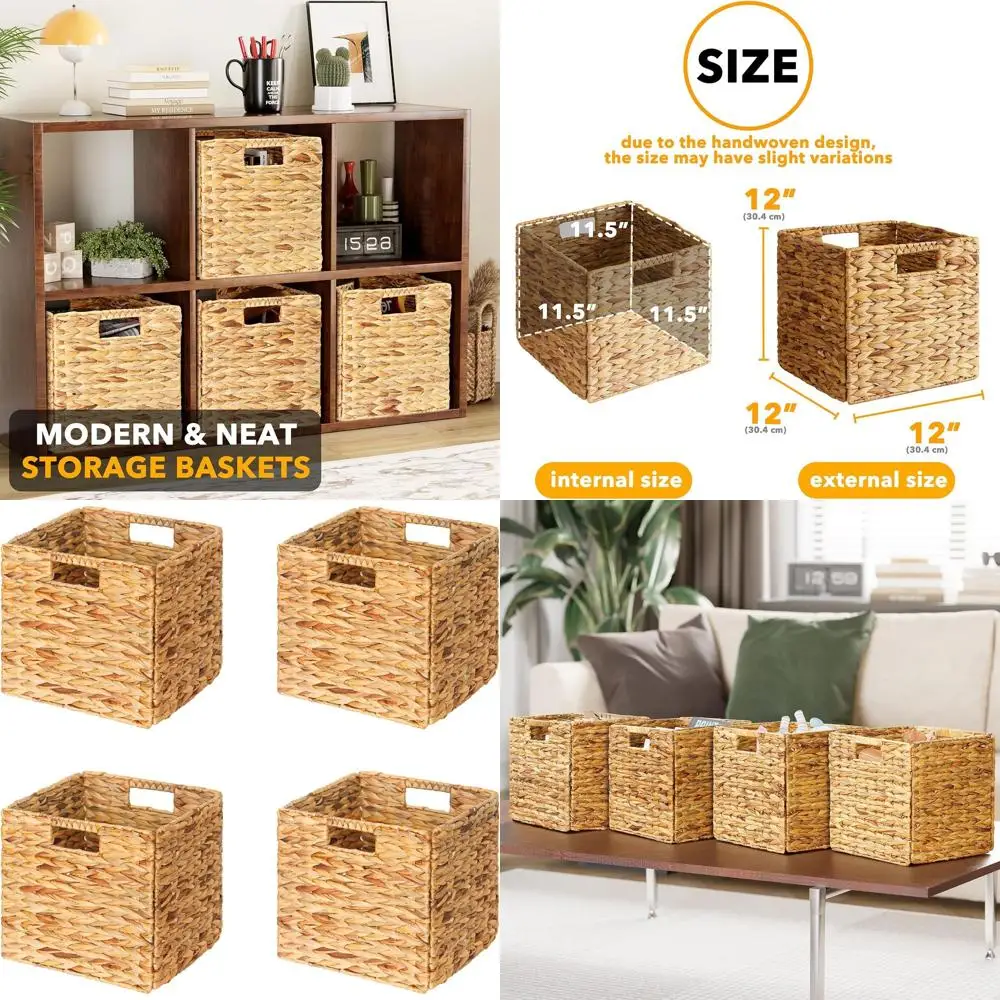 

Корзины для хранения из натуральной плетеной ткани, 4 шт., органайзеры-кубы размером 12x12x12 дюймов с ручками для полок и организации дома