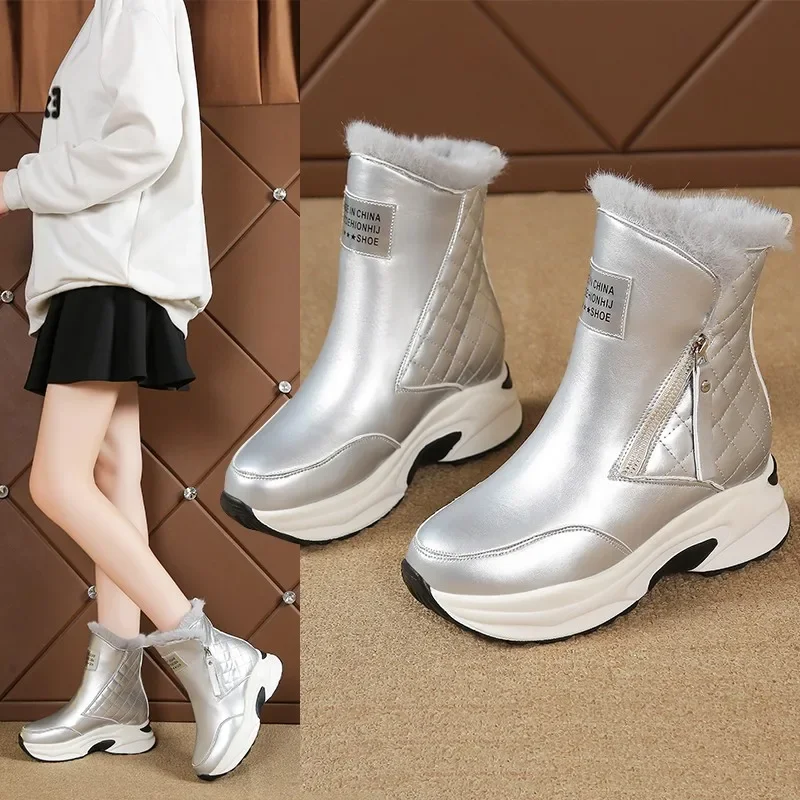 

2025 женские ботильоны, теплые зимние ботинки на толстой флисовой подошве, модные уличные кроссовки на танкетке с боковой молнией, Botas Mujer