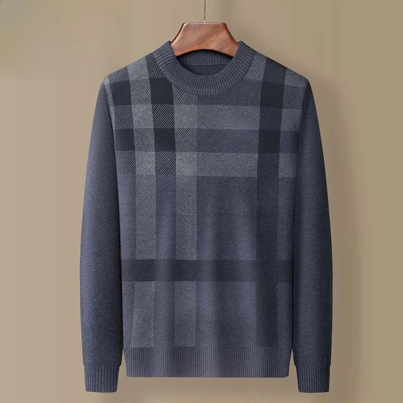 Warm Plaid Knitted Sweater round Ne Dad Sle Deep ey Spring Autumn Base Layer irt Men's Casual Loose Fit Polyester Fiber