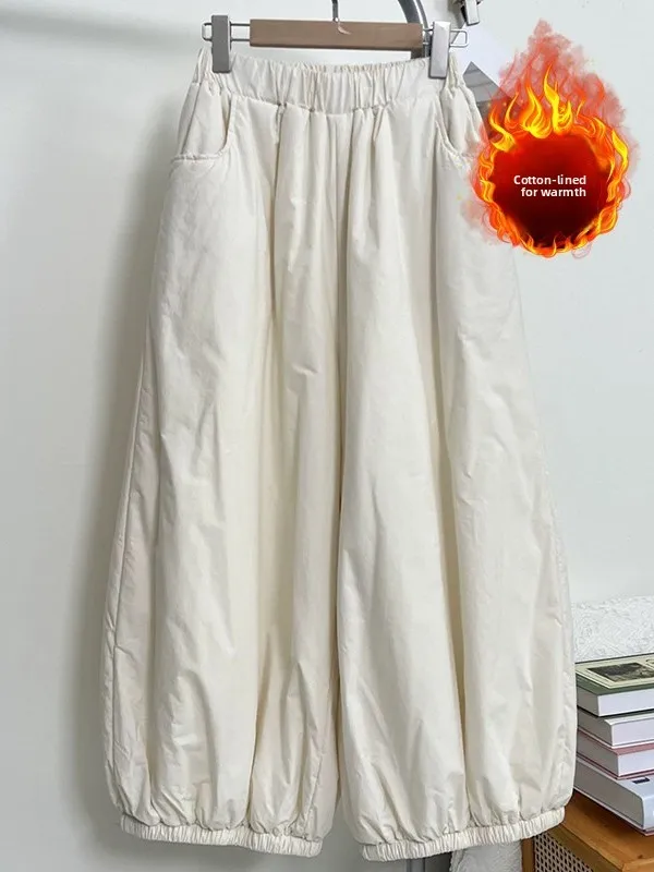Thened القطن واسعة الساق فانوس السراويل فضفاضة حجم كبير المرأة عارضة السراويل القطنية الدافئة الشتاء Faion مرونة الخصر سولي...