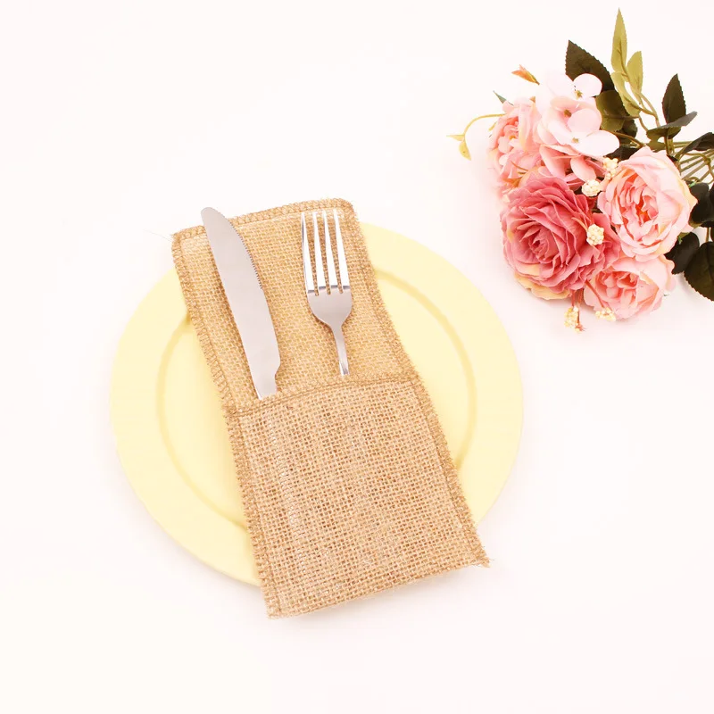 Lace Trim Burlap Cutlery Holder for Weddings, Christmas, & Parties. Rustic Natural Jute Silverware Pouch for Festive Events.