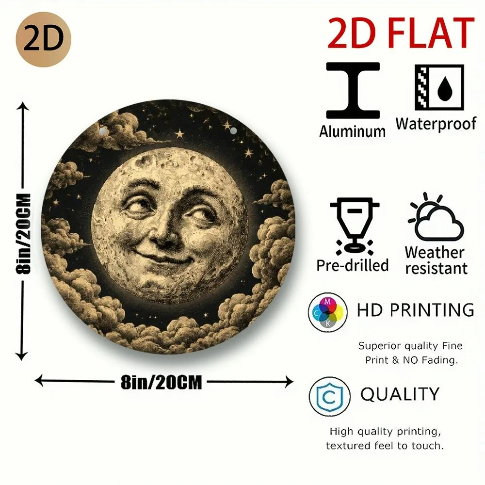 2D Flat Round Cloud Surround Starry Retro Moon Face Metal Sign, 8X8 Inch Outdoor Wall Decor, Pre-Installed Holes, Easy Install