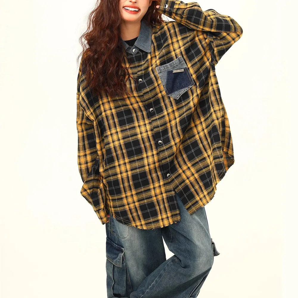 Womens Plaid Shacket Jacket Long Sleeve Button Down Shirts Casual Oversized Blouses With Pocket