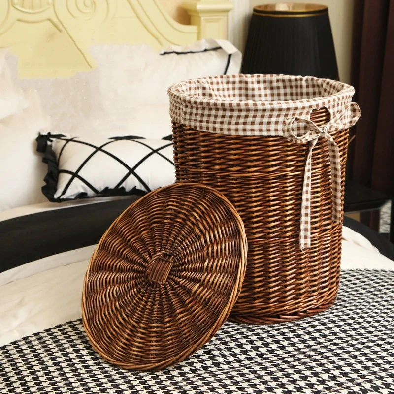 

：Stylish Woven Rattan Clothes Basket - Durable Home Organizer Cloth Lining Lid Decorative Laundry Bin Handwoven Storage Hamper