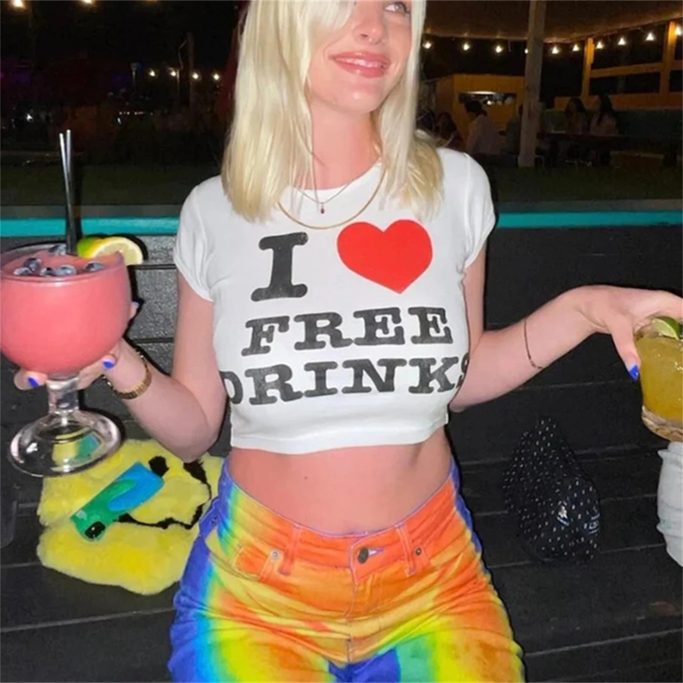 I Love Free Drinks Y2K Crop Top Cropped Baby Tee Fashion Summer T-Shirt