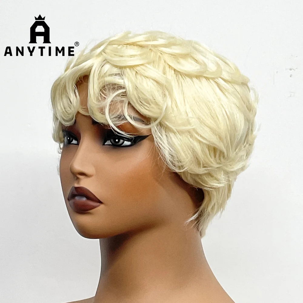 

Полный машинный парик, бразильские волосы Remy, стрижка пикси, короткий боб, 100% вьющийся парик из натуральных волос с челкой, бесклеевой для чернокожих женщин