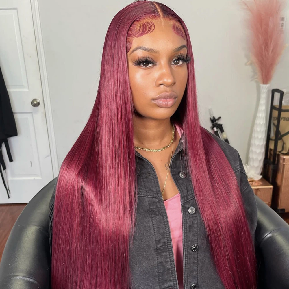 

99J Бордовый Прямой Парик Человеческих Волос 13x6 HD Парик Фронта Шнурка Предварительно Сорванные Отбеленные Узлы Бесклеевой Парик С Детскими Волосами Парики