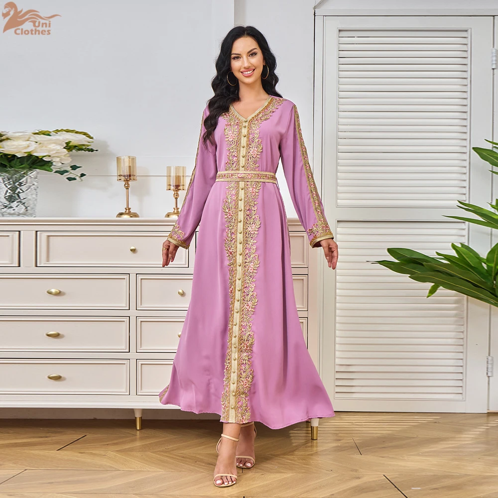 Eid Stickerei Arabischen Muslimischen Party Kleid für Frauen Abaya Jalabiya Lange Kleider Belted Kaftan Vestidos Dubai Ramadan Kleid Robe