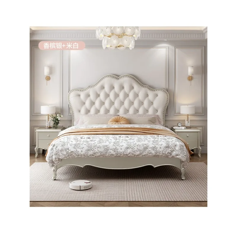 French luxury master bedroom with double solid wood beds, 1.8-meter modern princess cream soft mattress