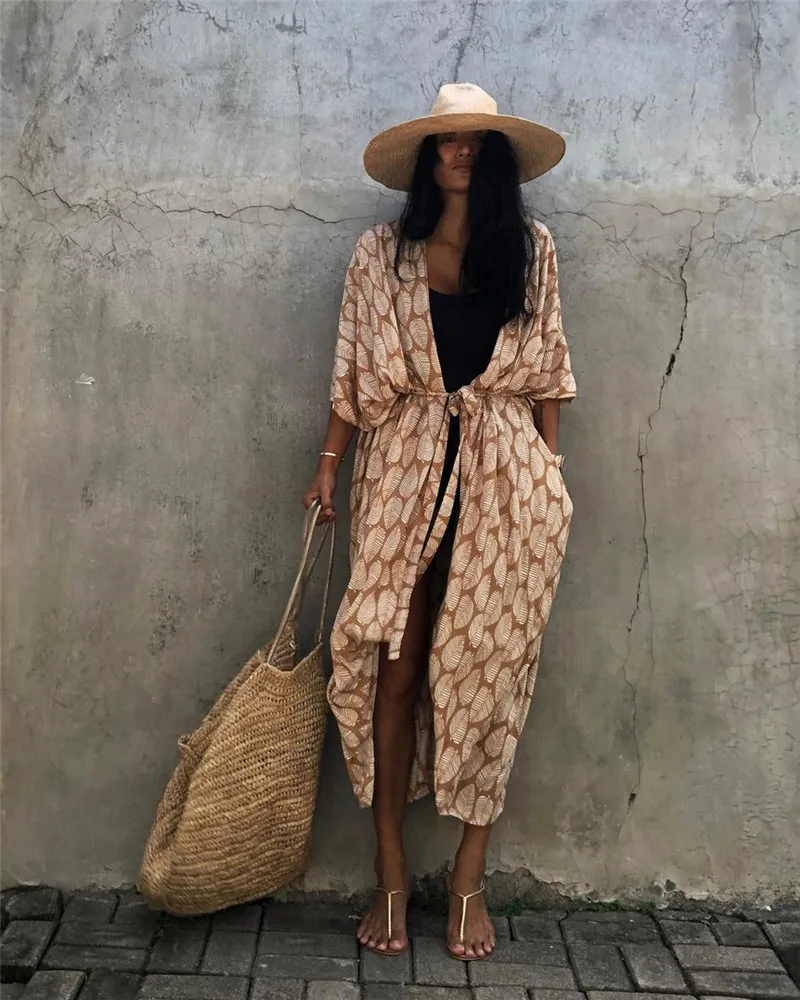 ผู้หญิงขนาดบวกยาวขึ้นปกบิกินี่Coverupsกิโมโนผูกด้านหน้าชุดว่ายน้ําชุดว่ายน้ําB Eachwear