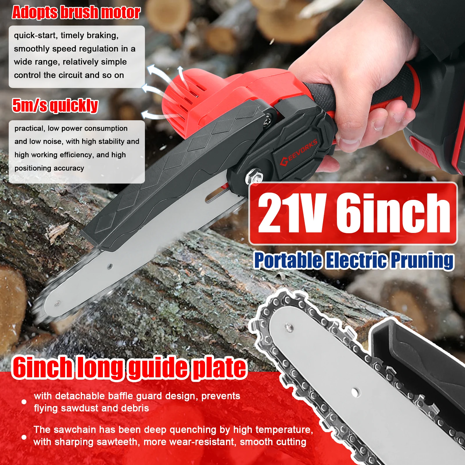 Geevorks 6-Zoll-elektrische Astsäge, wiederaufladbare elektrische Sägen, Holzbearbeitung, Garten, Protokollierung, Mini-elektrisches Kettenschneiden mit gebürsteter Kette – Detail 4