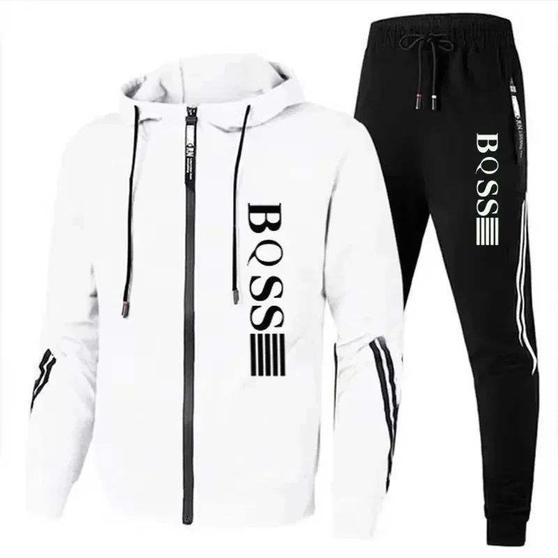 Men\'s sportswear zippered hoodie+sports pants two-piece set, autumn men\'s casual sports jacket, jogging set, top and pants